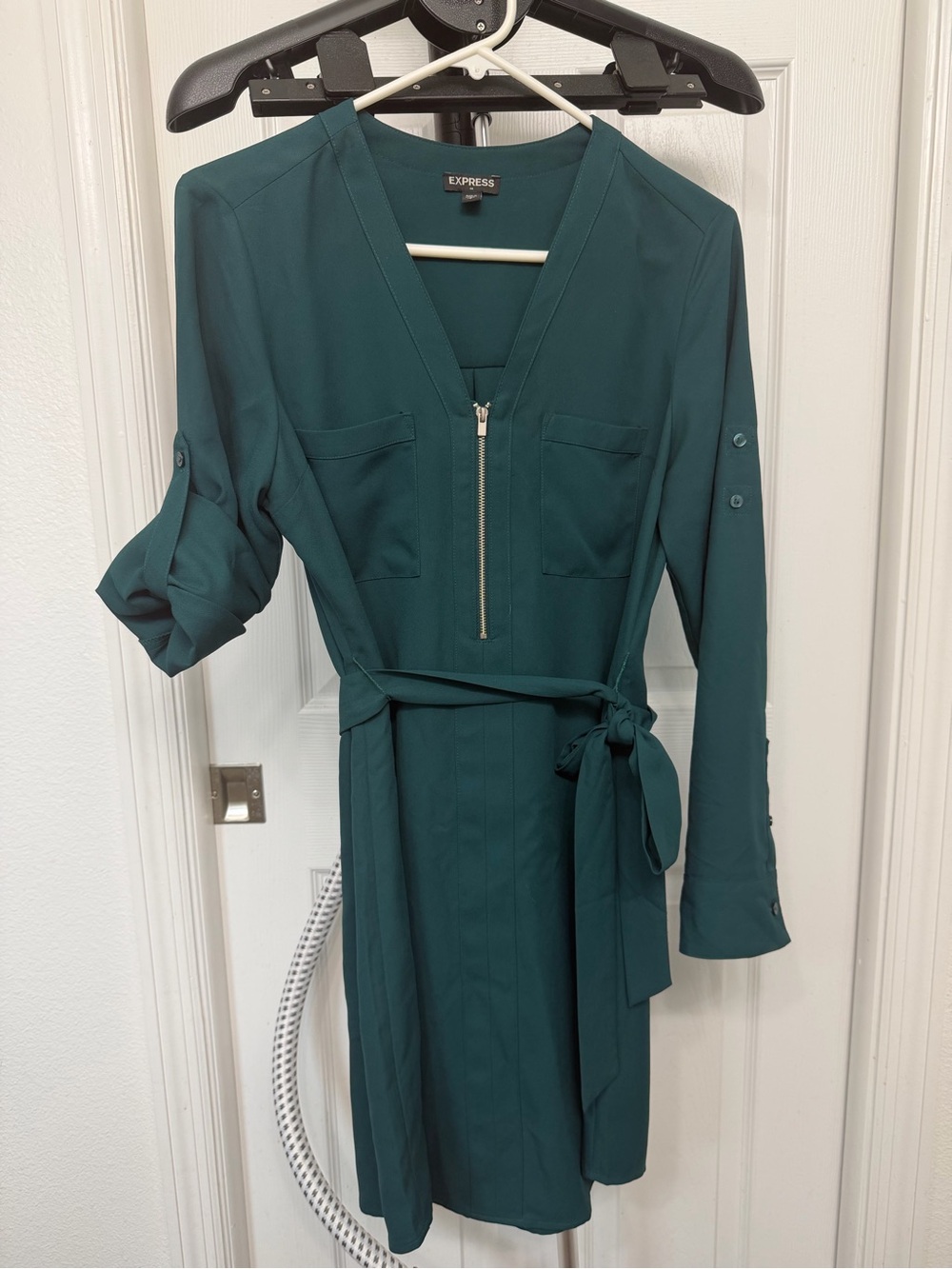 Express Teal Midi Dress and leopard Front Zip and Waist Tie